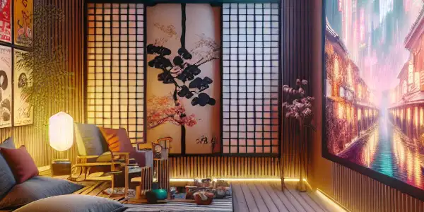 A modern viewing room showcasing dynamic Japanese adult films, featuring stylish decor, ambient lighting, and comfortable seating.