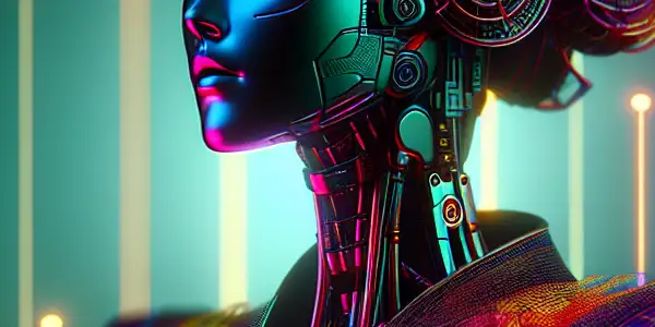 A confident female model in a fluorescent bodysuit showcases fresh AV fashion in a modern studio setting.