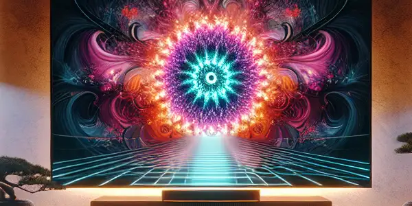 A modern living room showcasing a sleek TV with abstract adult film art, emphasizing safety and privacy elements.