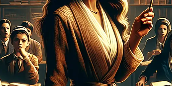 A charismatic female teacher engages attentive students in a stylish, elegant classroom filled with educational elements.