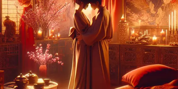 A couple shares a tender moment in an intimate, opulent setting filled with romantic elements and soft lighting.