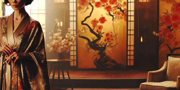 An elegant woman in a silk kimono in a softly lit Japanese room, evoking desire and emotion.