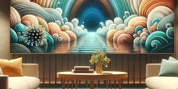 A modern living room with a high-definition screen displaying abstract content, emphasizing comfort and technology.