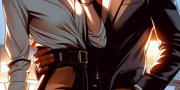 A professional woman and a charming man share an intimate moment in a modern office, exuding romantic tension.