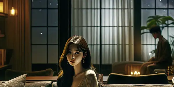 A tense living room scene depicting a young woman and a conflicted man caught in forbidden love.