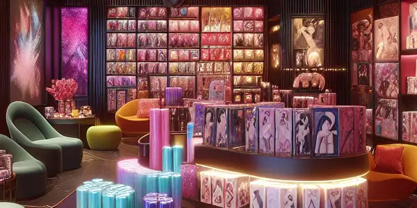 A modern adult entertainment store featuring vibrant displays of toys and films in a warm, inviting atmosphere.