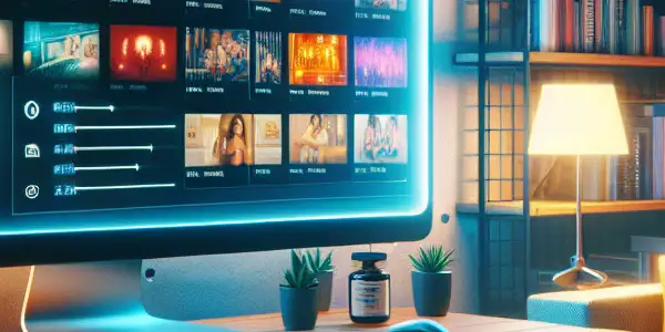 A cozy home office with a computer displaying colorful adult film thumbnails, emphasizing safety and comfort.