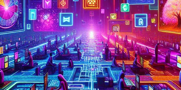 A vibrant digital landscape showcasing neon pathways and portals to various genres of adult films, emphasizing safety and cultural elements.