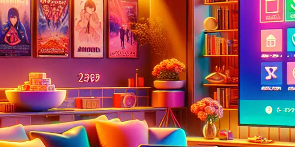 A cozy living room with a laptop displaying adult entertainment discounts and safety symbols, emphasizing relaxation and privacy.