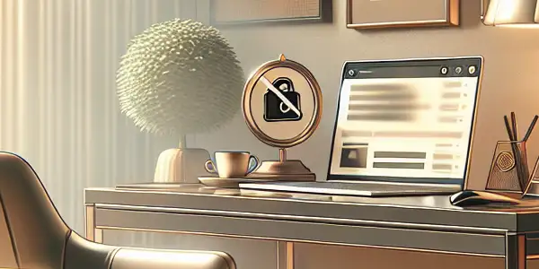 A cozy home office with a laptop, soft lighting, and tasteful decor, emphasizing a safe digital browsing experience.