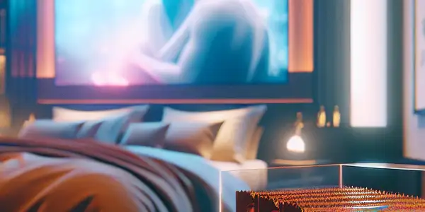 A cozy Japanese bedroom featuring "Fresh AV Condoms" on a bedside table, with a blurred adult film scene on TV.