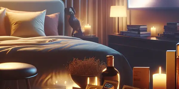 A modern bedroom scene featuring high-quality condoms, a glowing TV, and elements of luxury and intimacy.