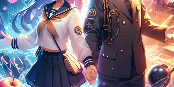 Two characters in stylish uniforms explore a serene outdoor setting, embodying themes of adventure and allure.