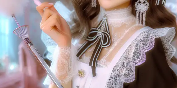 A playful maid in a cherry blossom room, embodying charm and innocence with a feather duster and vibrant flowers.