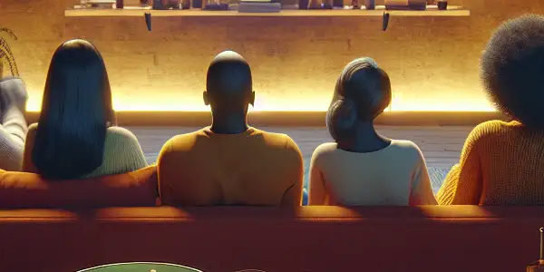 A diverse group of people enjoying a cozy living room while watching a Japanese film, featuring a prominent "Fresh AV Safety Kits" box.