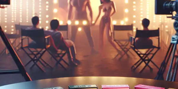 A stylish Japanese film studio showcasing colorful condom packaging with blurred actors in a passionate scene.
