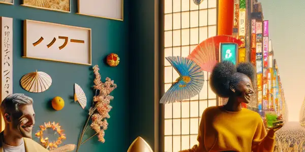 A cozy, intimate room featuring a couple joyfully exploring innovative condom packaging in a playful adult entertainment setting.