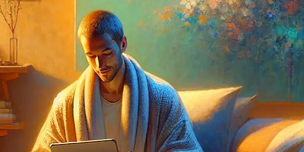 A serene indoor scene of a person enjoying technology, surrounded by self-care elements and soft lighting.