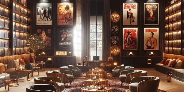 An intimate library dedicated to adult film recommendations, featuring plush seating, shelves of DVDs, and elegant decor.