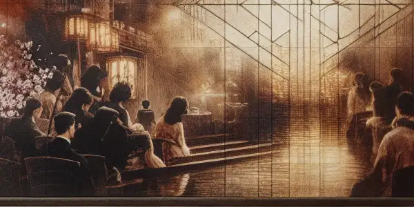 A stylish screening room featuring an ornate vintage screen, plush seating, and elements of classic adult film aesthetics.