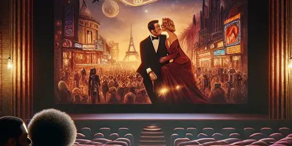 A luxurious movie theater scene showcasing Japanese adult cinema, featuring plush seating, vintage posters, and an engaged couple.