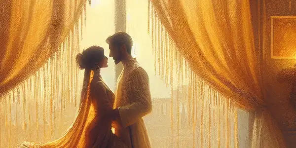 A nostalgic, intimate scene featuring two silhouettes in a cozy, vintage-inspired setting, evoking timeless eroticism.