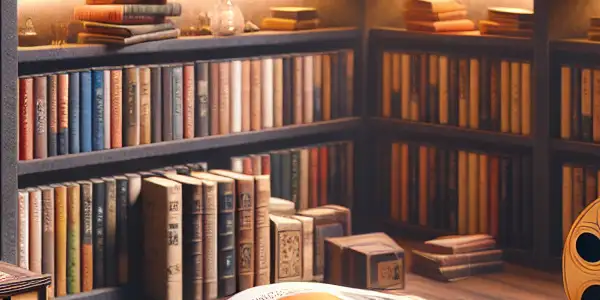 A vintage bookshelf filled with Japanese AV film reels and DVDs, featuring an open book of film stills.