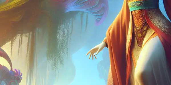A towering giantess in a vibrant, surreal landscape, with a small man gazing up in awe.