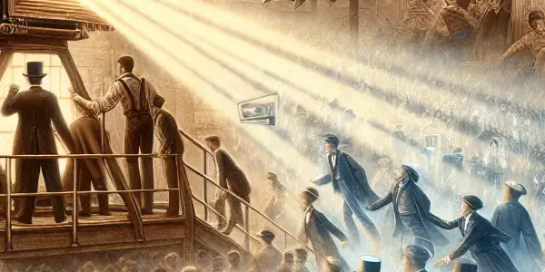 A vintage scene of workers exiting a factory, capturing the first film moment by the Lumière brothers in 1895.