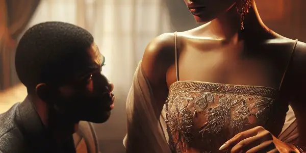 A couple in a dimly-lit room, expressing desire and conflict amidst an intimate, romantic atmosphere.