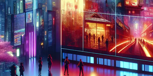 A vibrant futuristic digital landscape showcasing a diverse group enjoying adult films, with neon lights and Japanese cultural elements.