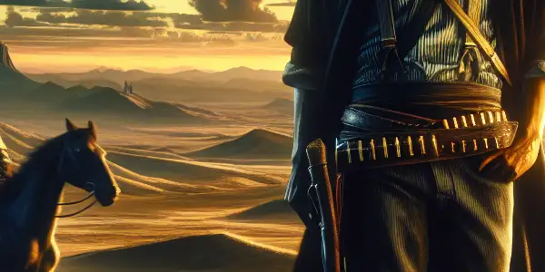 A charismatic character in traditional Japanese and cowboy attire stands in a vibrant, rugged landscape at sunset, embodying adventure and freedom.