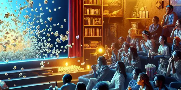 A cozy living room filled with diverse friends enjoying a sci-fi movie night, surrounded by snacks and colorful lights.