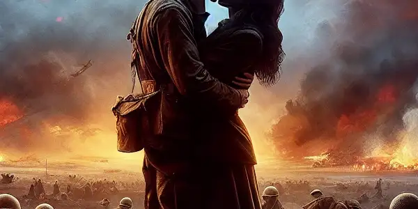 A passionate embrace between lovers amidst a chaotic battlefield at twilight, with war elements and cherry blossoms.