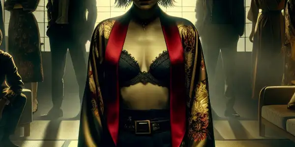 A strong female figure in a dimly lit Japanese home, surrounded by shadowy family members and symbols of chaos.