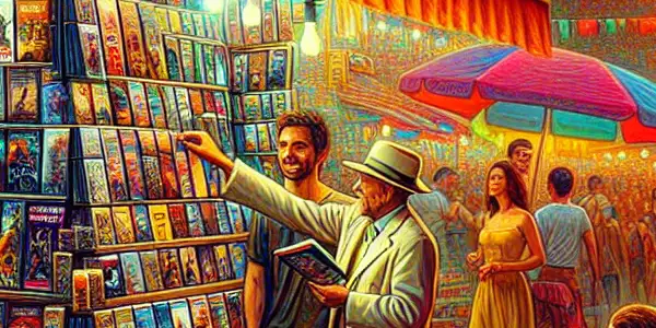 A vibrant street market scene with a vendor selling DVDs, lively crowds, and colorful stalls at sunset.
