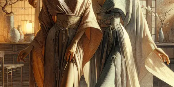 A dimly lit room featuring two elegantly dressed female performers, embodying sensuality and emotional depth against a Japanese cultural backdrop.