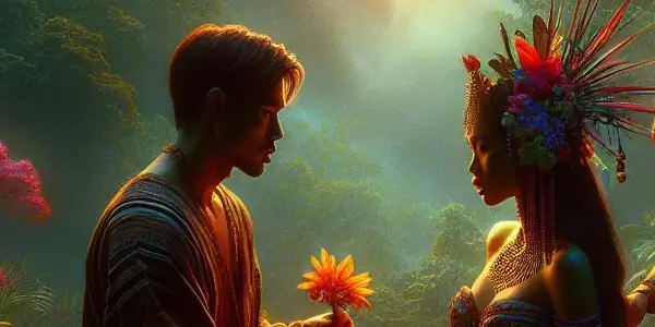 A vibrant tropical scene in the Philippines featuring two characters in traditional attire, engaged in an intense dramatic moment.